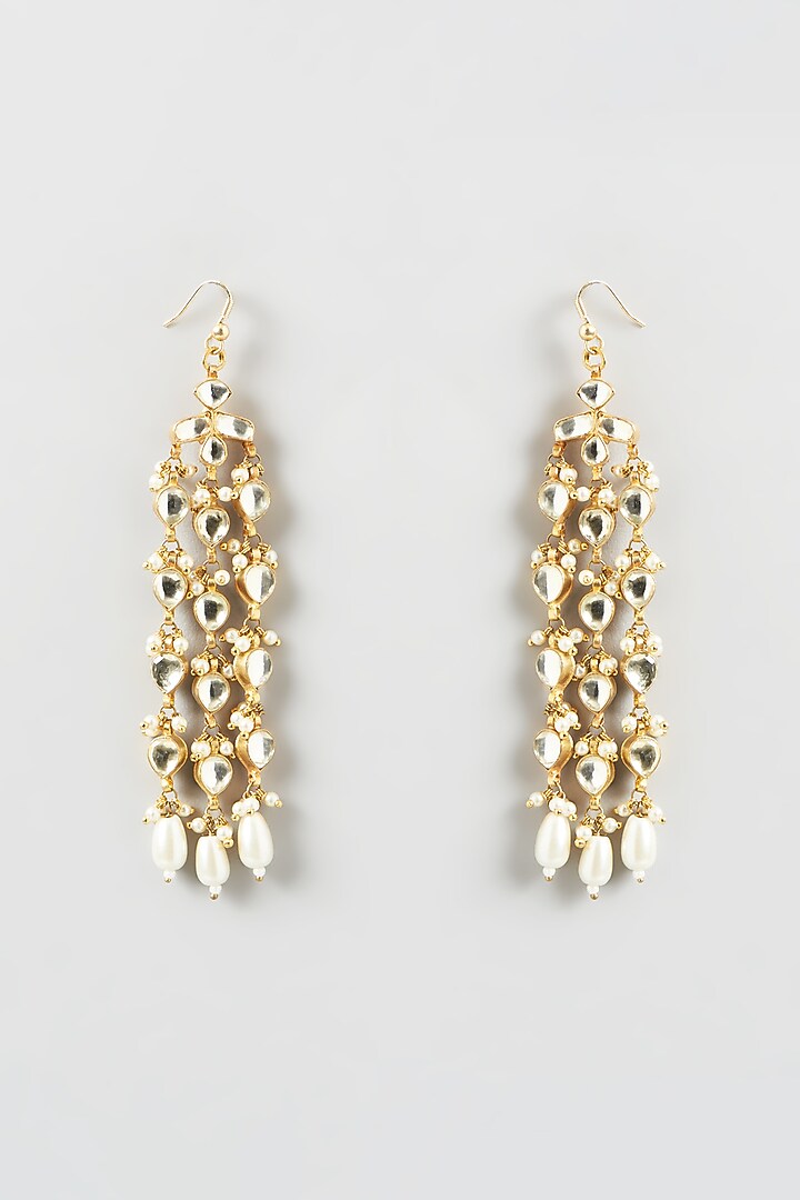 Gold Finish Pearls & Kundan Polki Dangler Earrings by Kreart at Pernia's Pop Up Shop