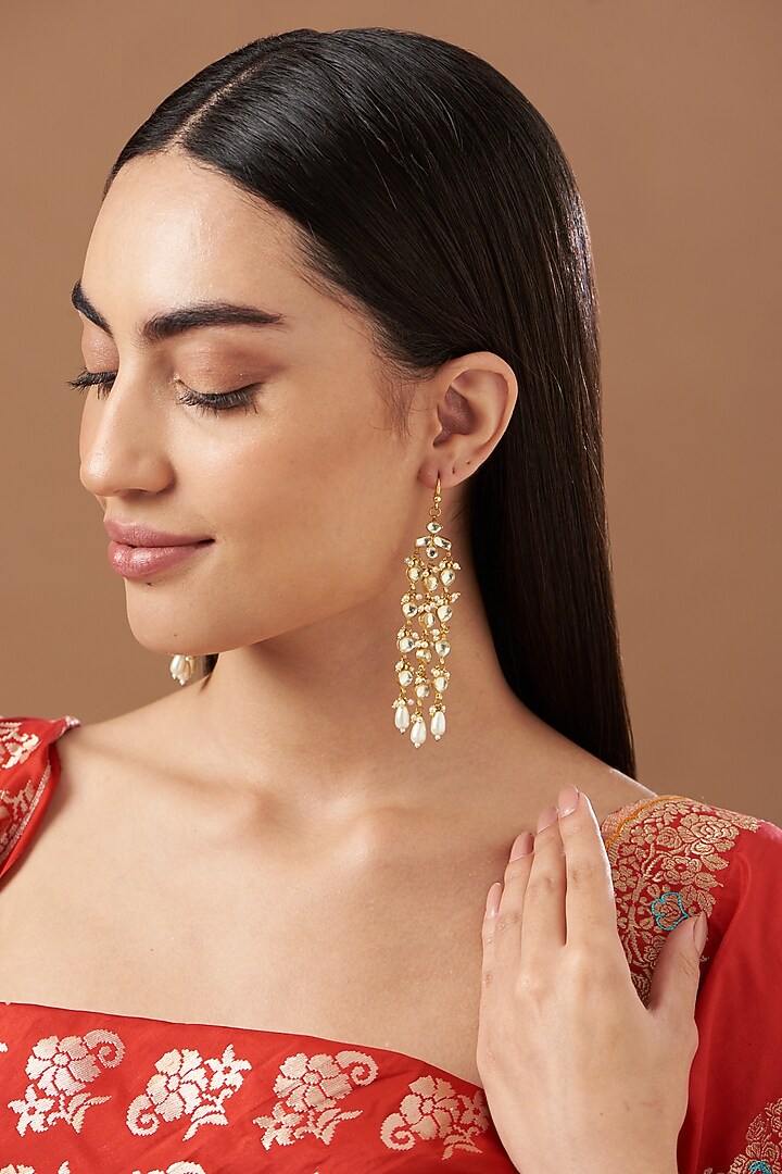 Gold Finish Pearls & Kundan Polki Dangler Earrings by Kreart at Pernia's Pop Up Shop