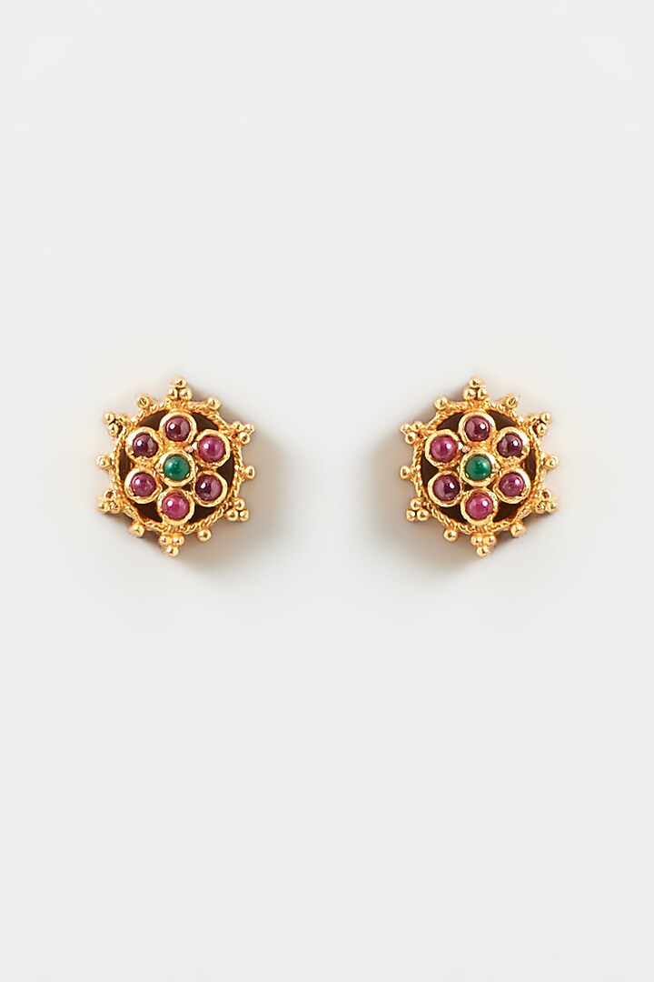 Gold Finish Multi-Colored Stones Stud Earrings In Sterling Silver by Kreart at Pernia's Pop Up Shop