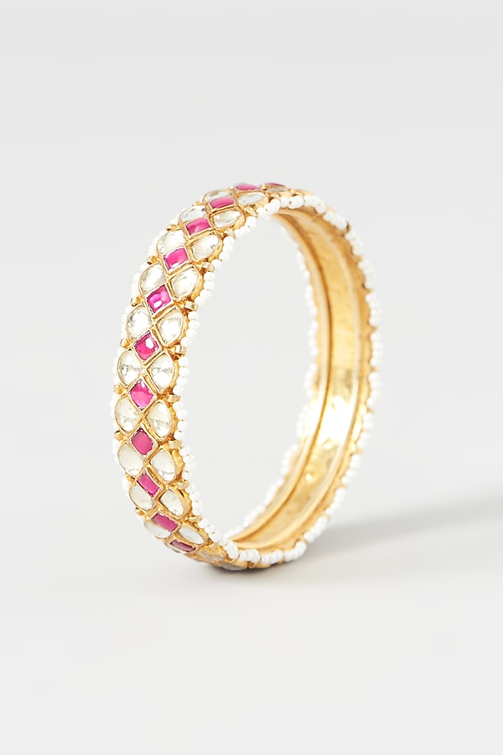 Gold Finish Kundan Polki & Moti Pirai Bangles (Set Of 2) by Kreart at Pernia's Pop Up Shop