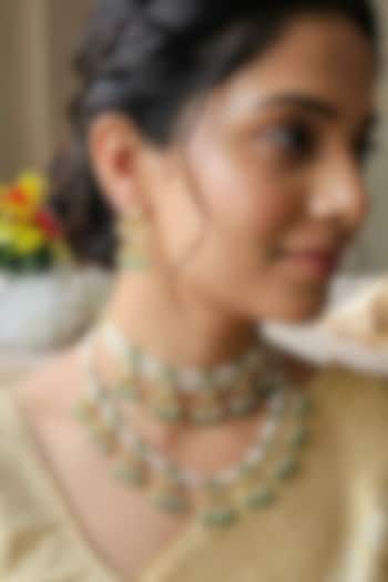 Gold Finish Green Onyx & Pearl Necklace Set by Kreart at Pernia's Pop Up Shop