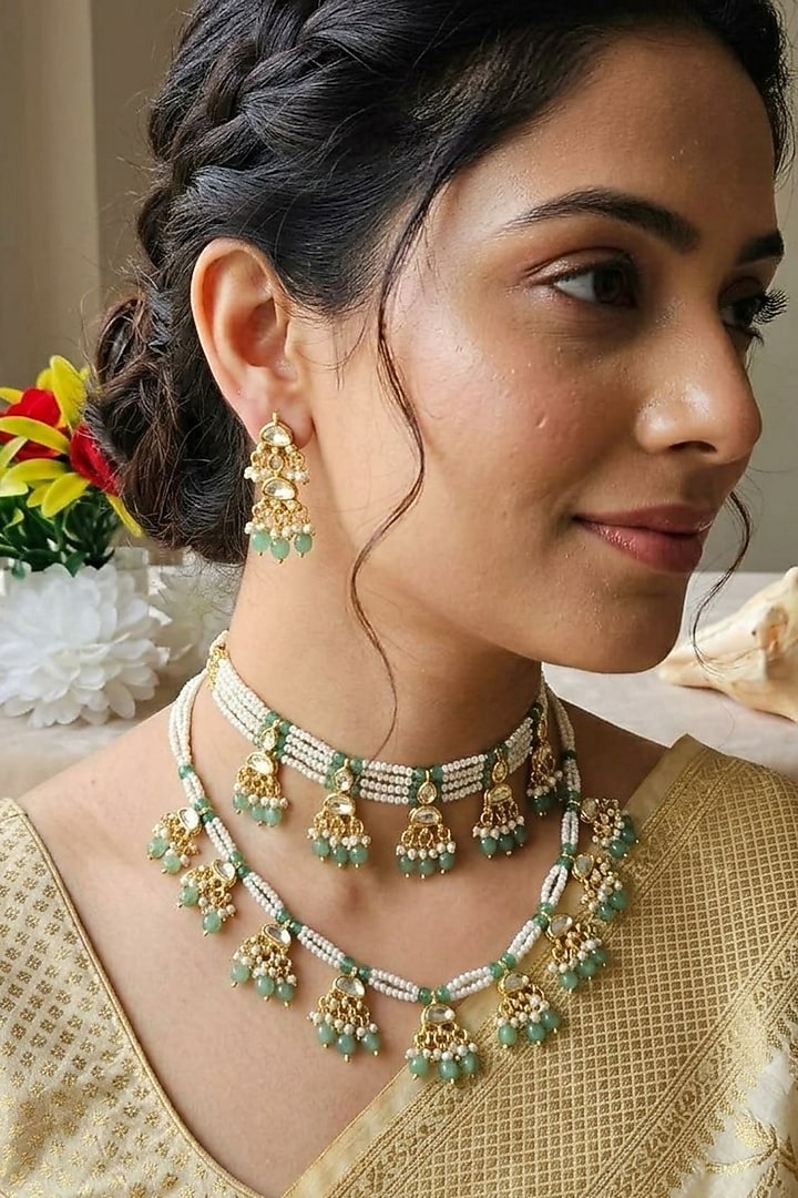 Gold Finish Green Onyx & Pearl Necklace Set by Kreart at Pernia's Pop Up Shop