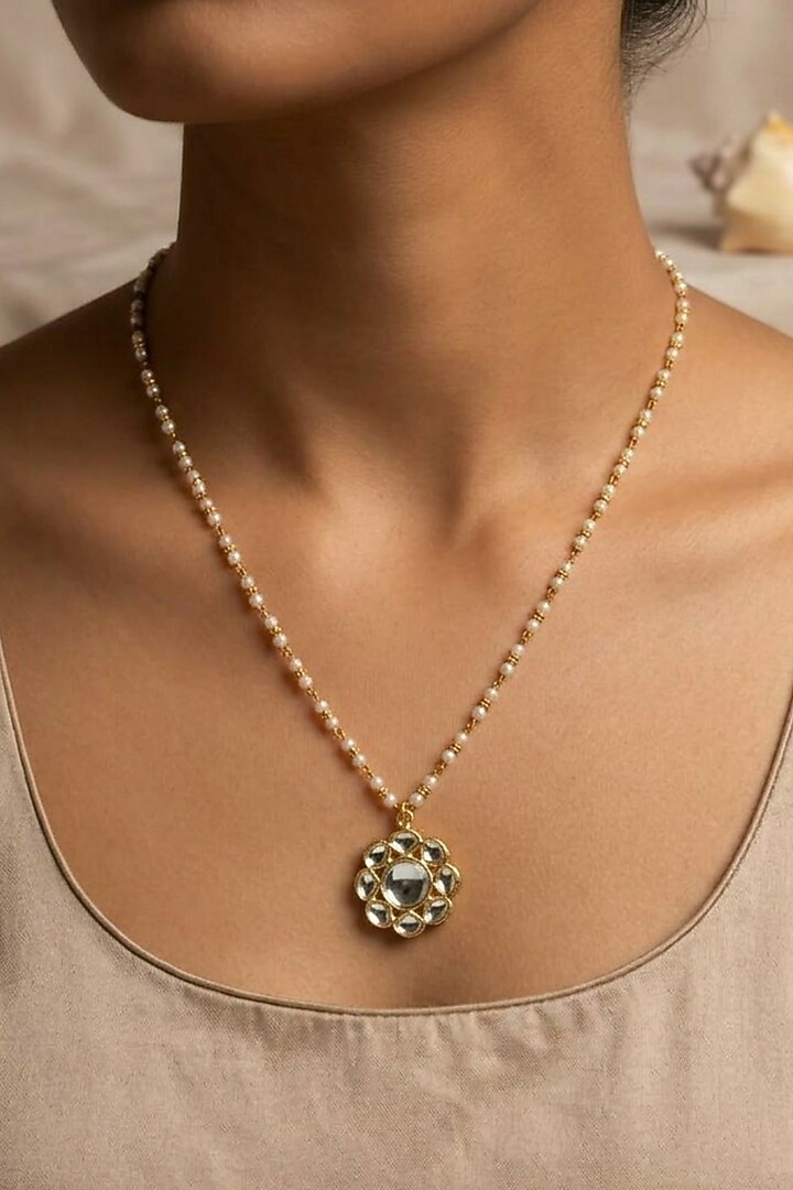 Gold Finish Kundan Polki & Pearl Pendant Necklace by Kreart at Pernia's Pop Up Shop