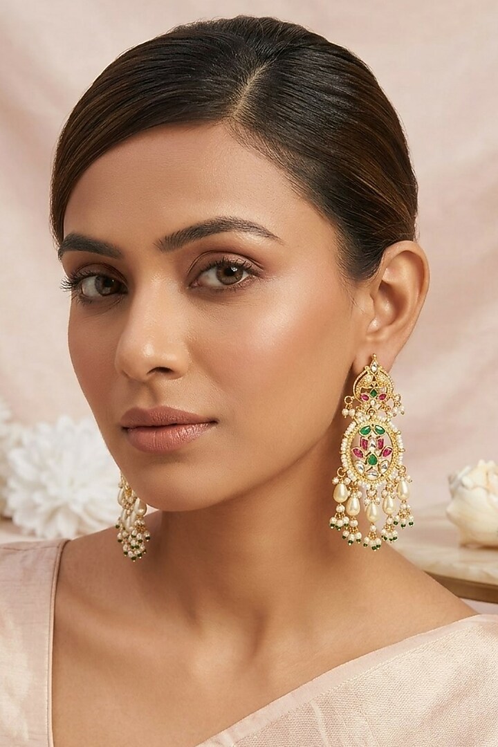 Gold Finish Multi-Colored Kundan Polki & Beaded Dangler Earrings by Kreart at Pernia's Pop Up Shop