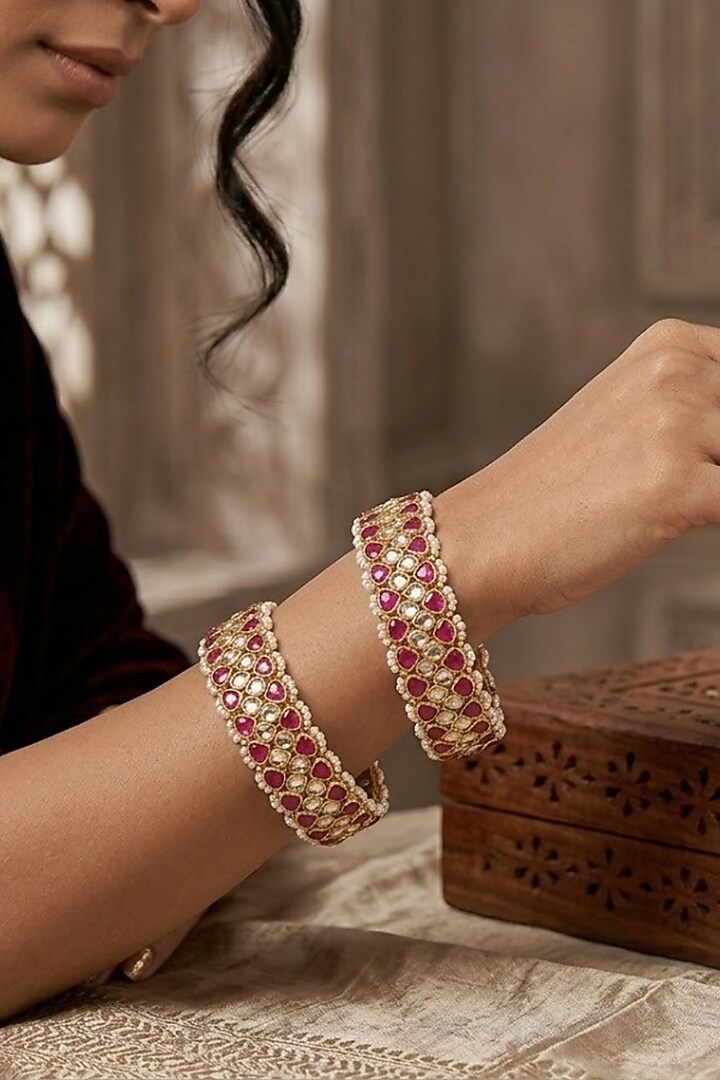 Gold Finish Kundan Polki Openable Bangles (Set Of 2) by Kreart at Pernia's Pop Up Shop