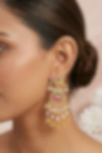 Gold Finish Multi-Colored Kundan Polki & Beaded Dangler Earrings by Kreart at Pernia's Pop Up Shop
