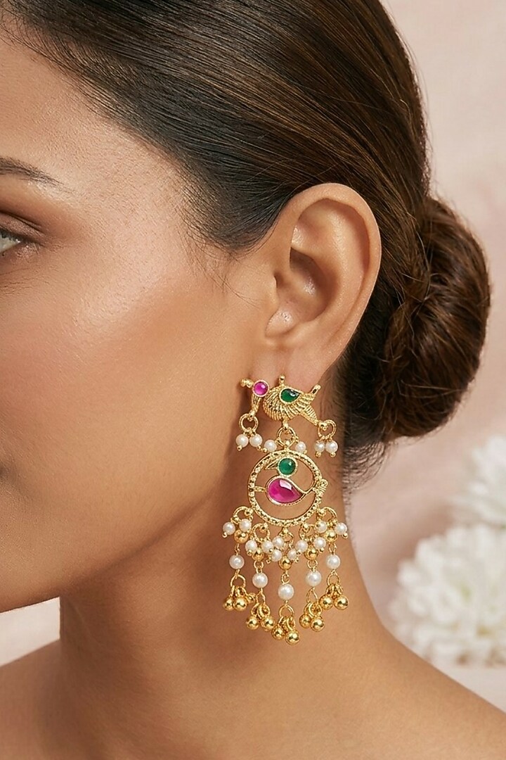 Gold Finish Multi-Colored Kundan Polki & Beaded Dangler Earrings by Kreart at Pernia's Pop Up Shop