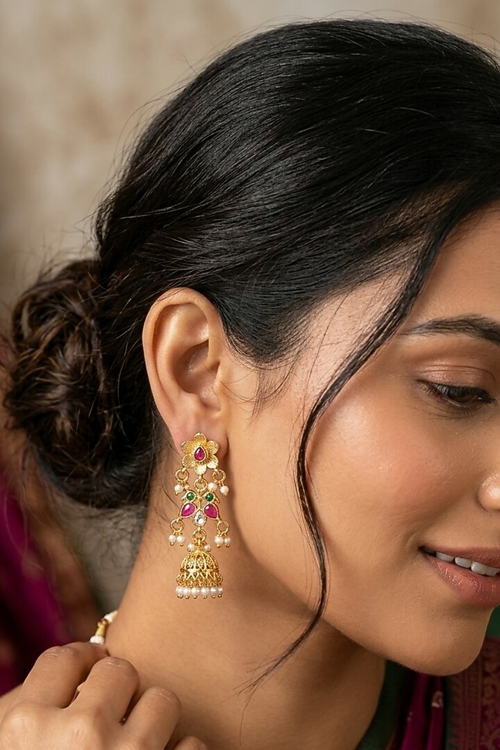 Gold Finish Multi-Colored Kundan Polki Dangler Earrings by Kreart at Pernia's Pop Up Shop