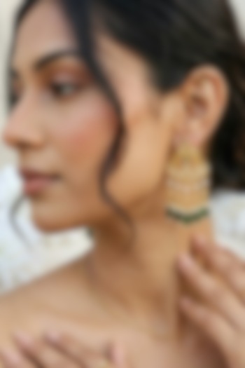 Gold Finish Kundan Polki & Green Beaded Dangler Earrings by Kreart at Pernia's Pop Up Shop