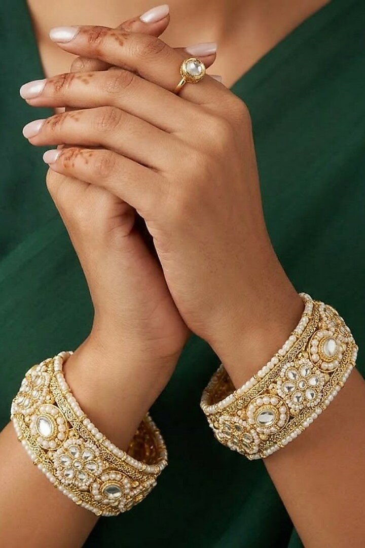 Gold Finish Kundan Polki Openable Bangles (Set Of 2) by Kreart at Pernia's Pop Up Shop