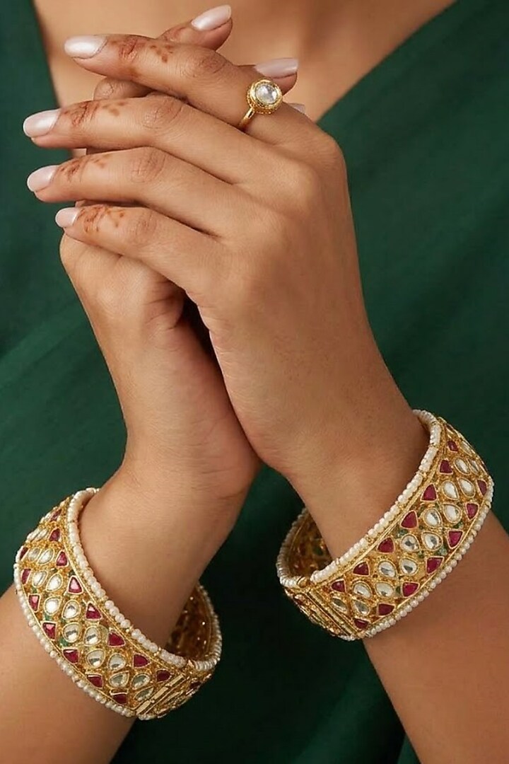 Gold Finish Kundan Polki & Ruby Stone Openable Bangles (Set Of 2) by Kreart at Pernia's Pop Up Shop