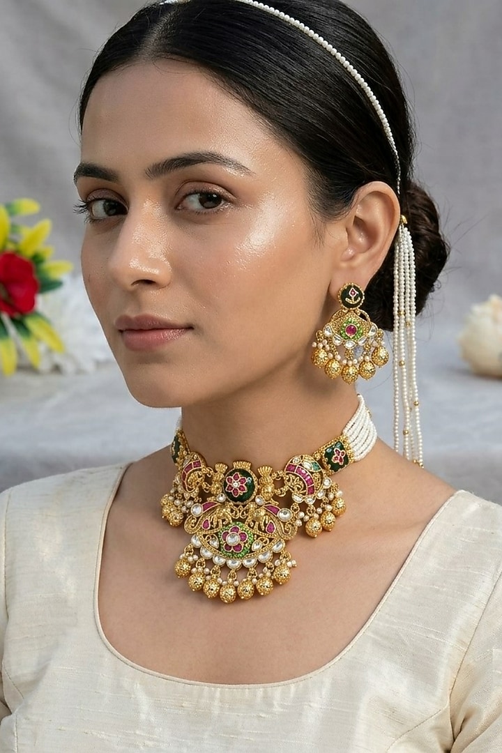 Gold Finish Kundan Polki & Multi-Colored Stone Necklace Set by Kreart at Pernia's Pop Up Shop