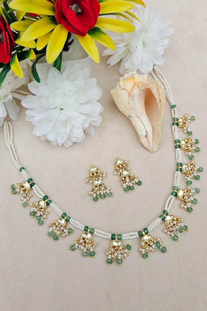 Gold Finish Kundan Polki & Green Onyx Choker Necklace Set by Kreart at Pernia's Pop Up Shop