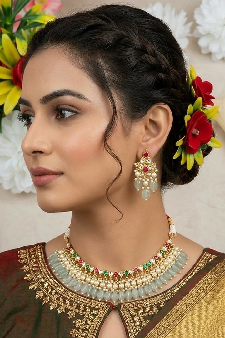 Gold Finish Multi-Colored Kundan Polki Choker Necklace Set by Kreart at Pernia's Pop Up Shop