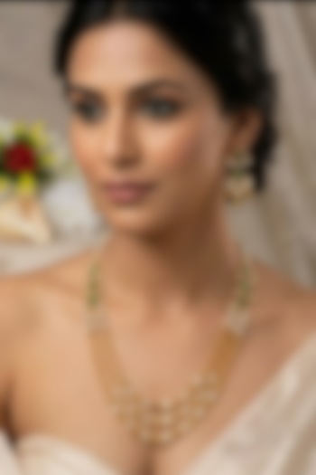 Gold Finish Green Stone Long Necklace Set by Kreart at Pernia's Pop Up Shop