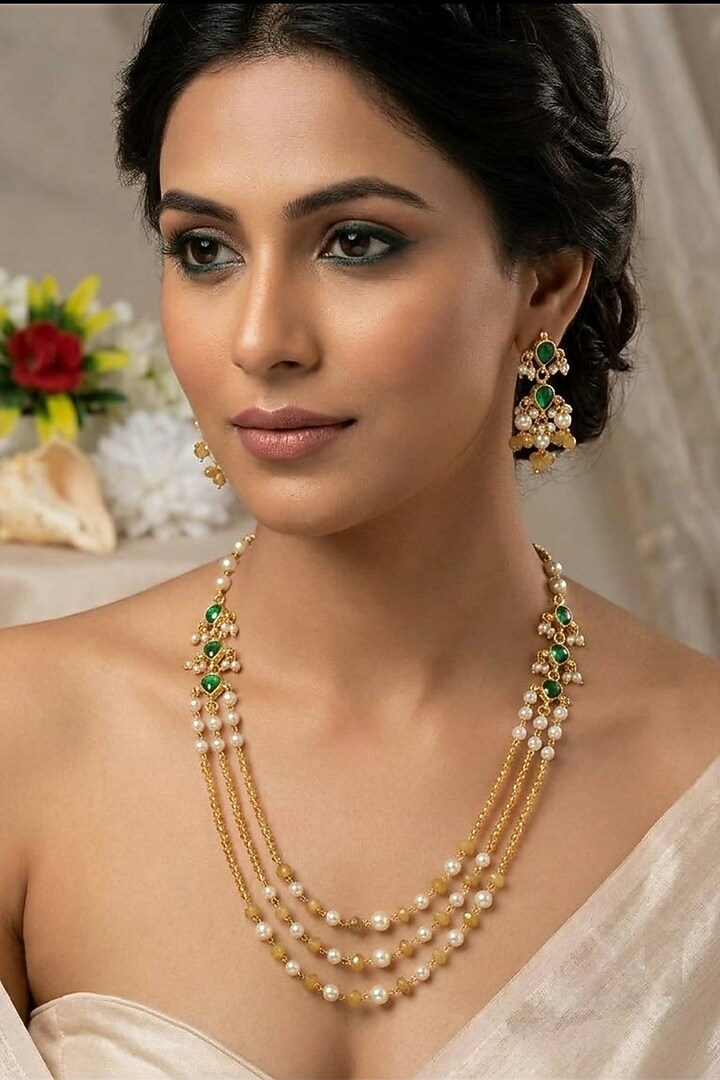 Gold Finish Green Stone Long Necklace Set by Kreart at Pernia's Pop Up Shop
