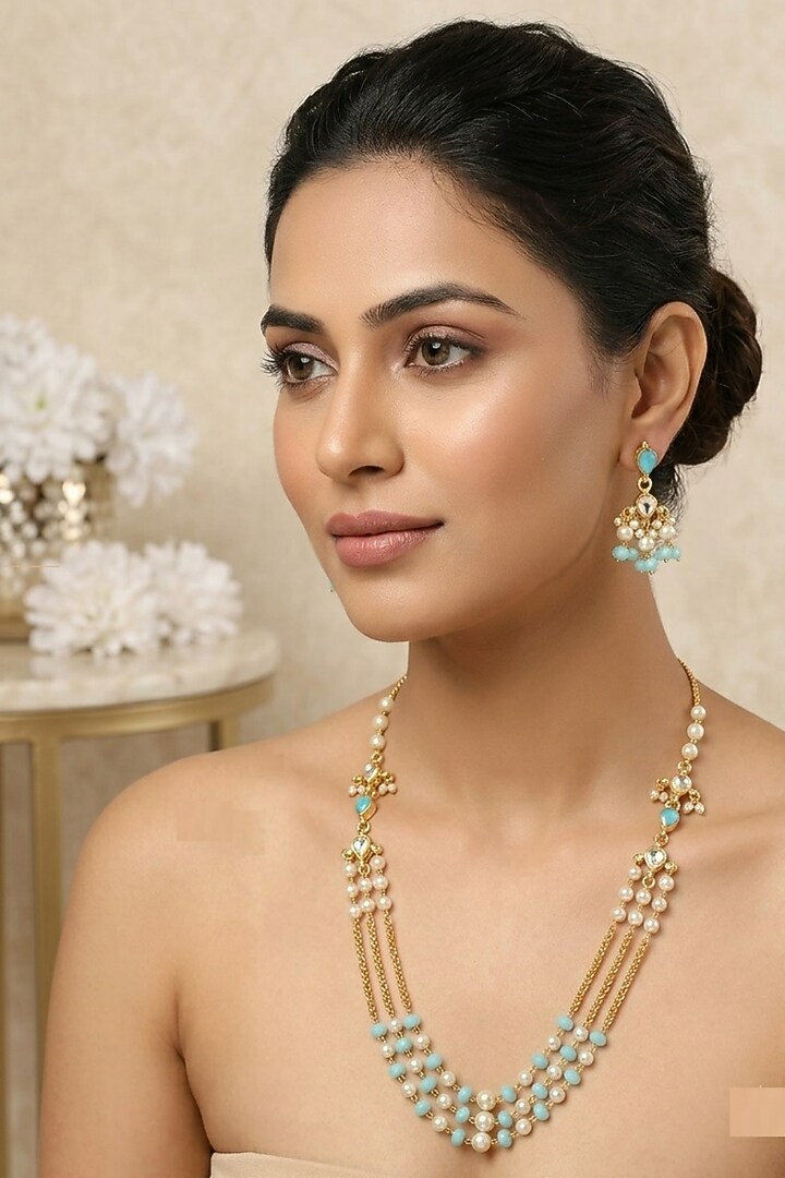 Gold Finish Kundan Polki Long Necklace Set by Kreart at Pernia's Pop Up Shop