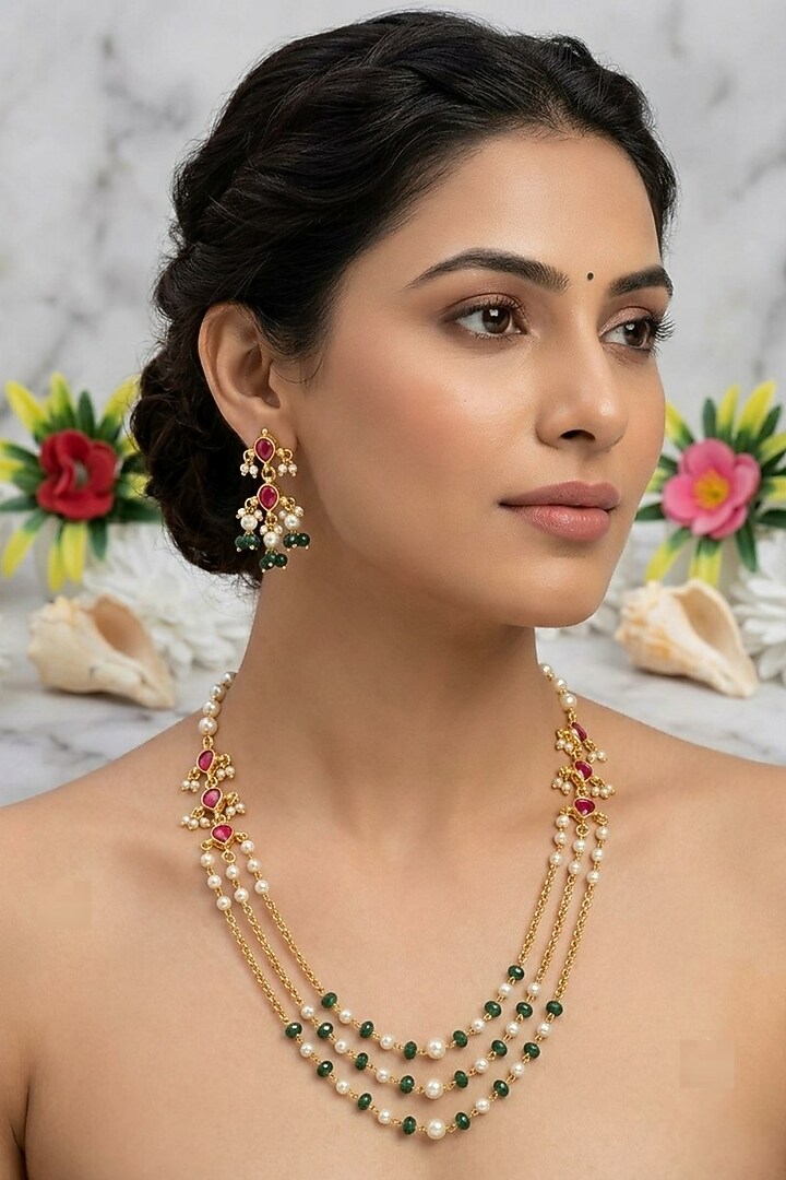 Gold Finish Ruby Kundan Polki Long Necklace Set by Kreart at Pernia's Pop Up Shop