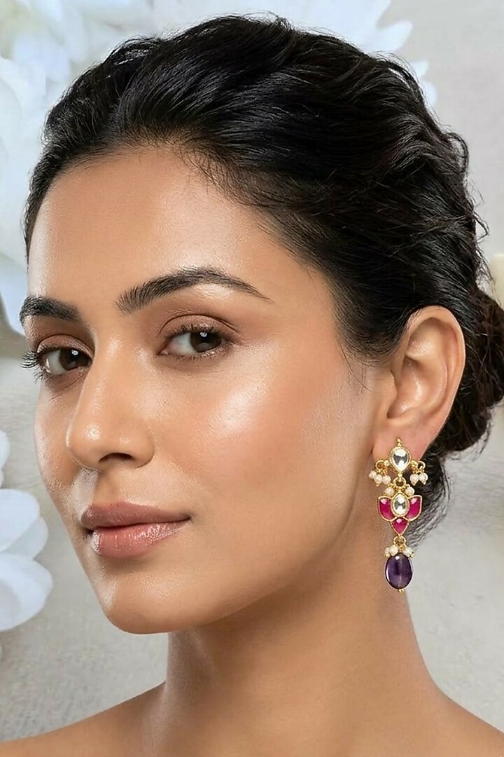 Gold Finish Multi-Colored Kundan Polki Stud Earrings by Kreart at Pernia's Pop Up Shop