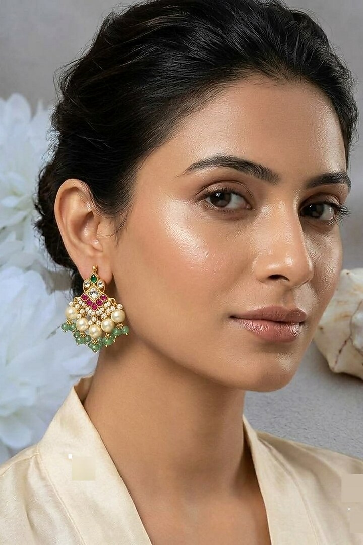 Gold Finish Multi-Colored Kundan Polki & Green Beaded Stud Earrings by Kreart at Pernia's Pop Up Shop