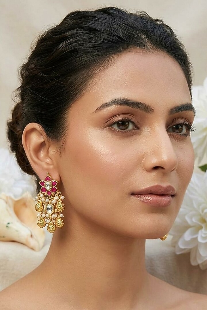 Gold Finish Multi-Colored Kundan Polki & Beaded Stud Earrings by Kreart at Pernia's Pop Up Shop