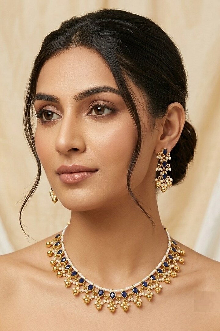 Gold Finish Blue Kundan Polki & Beaded Long Necklace Set by Kreart at Pernia's Pop Up Shop