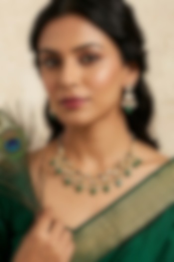 Gold Finish Green Onyx & Pearl String Long Necklace Set by Kreart at Pernia's Pop Up Shop