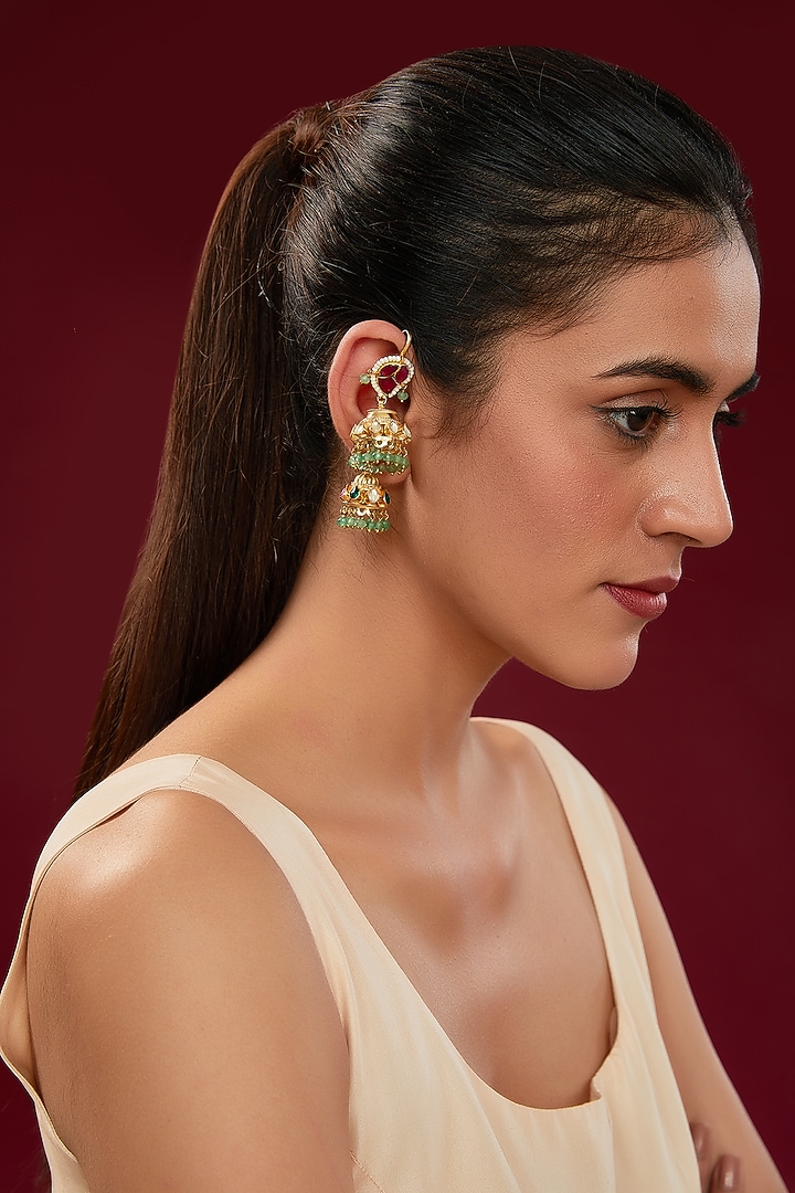 Gold Finish Kundan Polki & Green Beaded Jhumka Earrings by Kreart at Pernia's Pop Up Shop