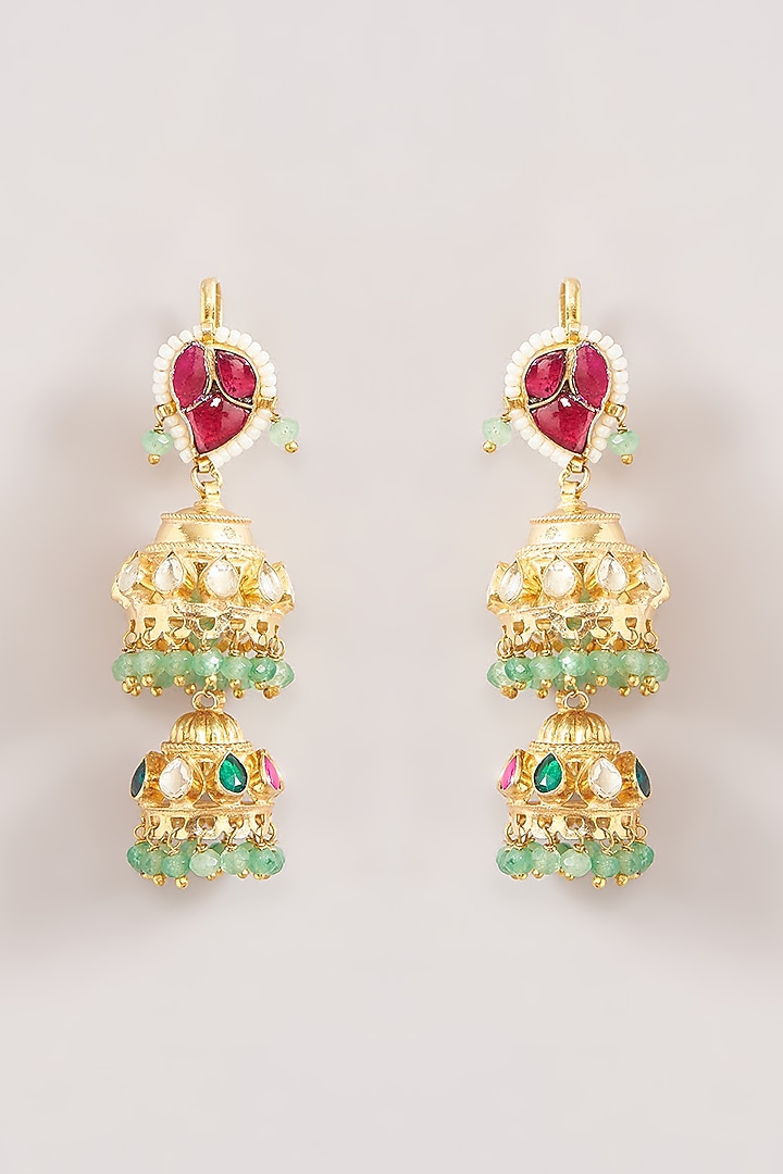 Gold Finish Kundan Polki & Green Beaded Jhumka Earrings by Kreart at Pernia's Pop Up Shop