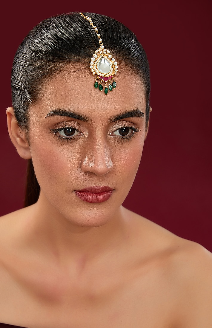 Gold Finish Kundan Polki & Green Beaded Maangtikka by Kreart at Pernia's Pop Up Shop