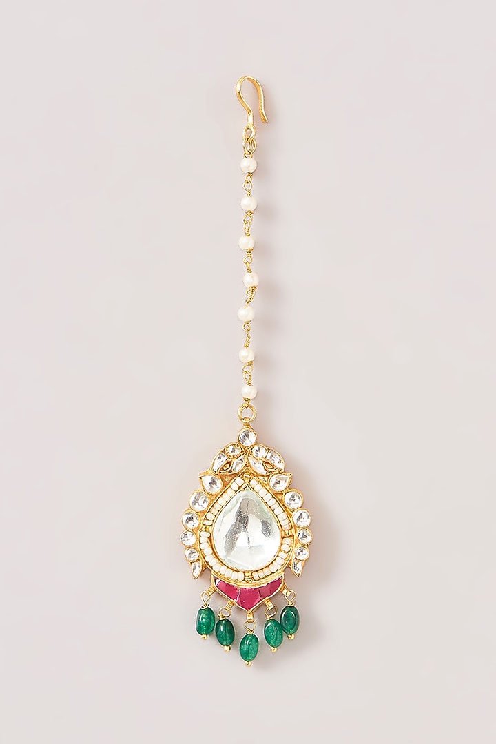 Gold Finish Kundan Polki & Green Beaded Maangtikka by Kreart at Pernia's Pop Up Shop