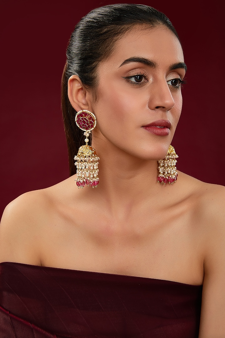 Gold Finish Kundan Polki & Pearl Beaded Jhumka Earrings by Kreart at Pernia's Pop Up Shop
