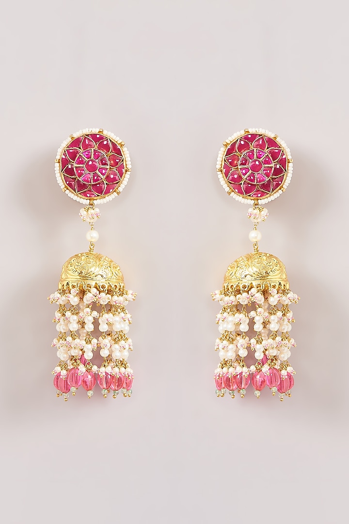 Gold Finish Kundan Polki & Pearl Beaded Jhumka Earrings by Kreart at Pernia's Pop Up Shop