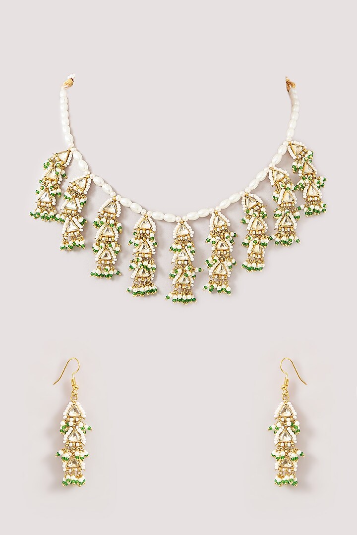 Gold Finish Kundan Polki & Pearl Beaded Necklace Set by Kreart at Pernia's Pop Up Shop