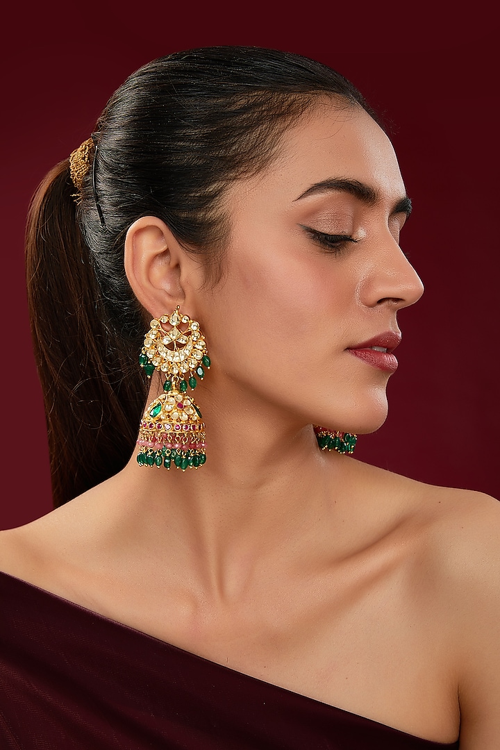 Gold Finish Kundan Polki & Green Beaded Jhumka Earrings by Kreart at Pernia's Pop Up Shop