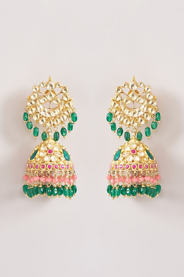 Gold Finish Kundan Polki & Green Beaded Jhumka Earrings by Kreart at Pernia's Pop Up Shop
