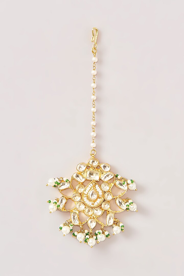 Gold Finish Kundan Polki & Green Beaded Maangtikka by Kreart at Pernia's Pop Up Shop