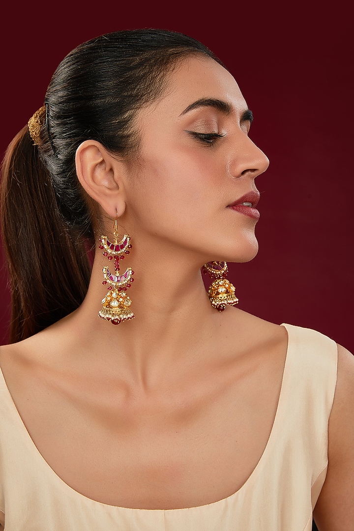 Gold Finish Kundan Polki & Red Beaded Dangler Earrings by Kreart at Pernia's Pop Up Shop