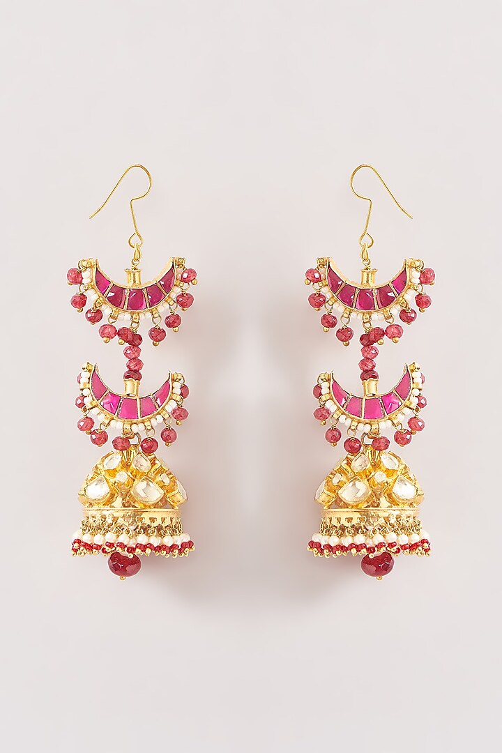 Gold Finish Kundan Polki & Red Beaded Dangler Earrings by Kreart at Pernia's Pop Up Shop