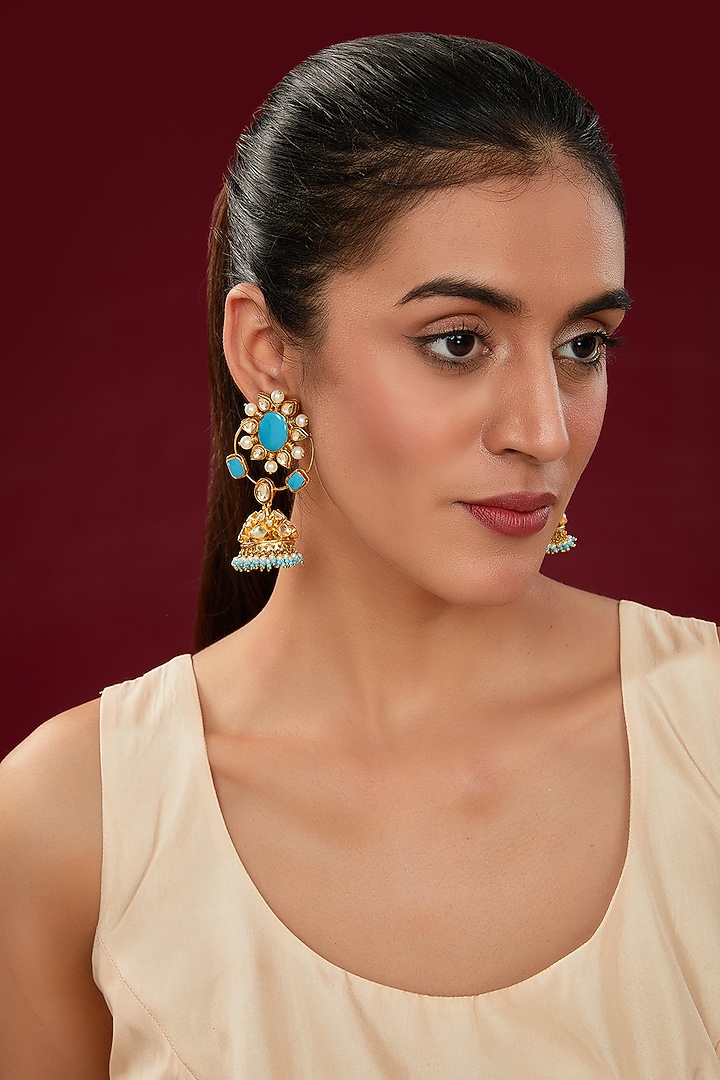Gold Finish Firoza Kundan Polki Jhumka Earrings by Kreart at Pernia's Pop Up Shop