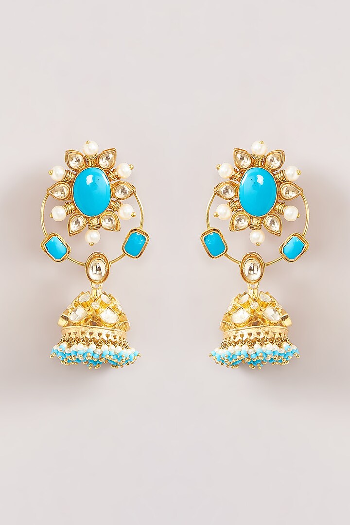 Gold Finish Firoza Kundan Polki Jhumka Earrings by Kreart at Pernia's Pop Up Shop