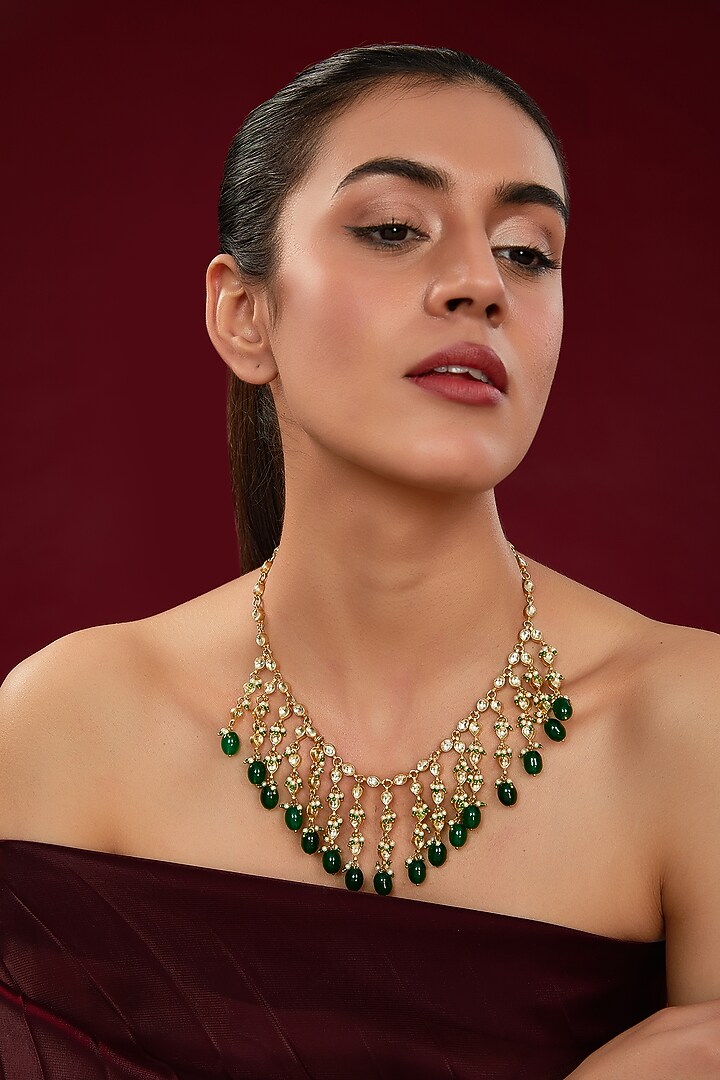 Gold Finish Kundan Polki & Green Beaded Necklace by Kreart at Pernia's Pop Up Shop