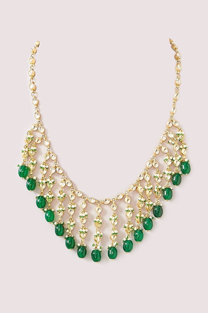 Gold Finish Kundan Polki & Green Beaded Necklace by Kreart at Pernia's Pop Up Shop