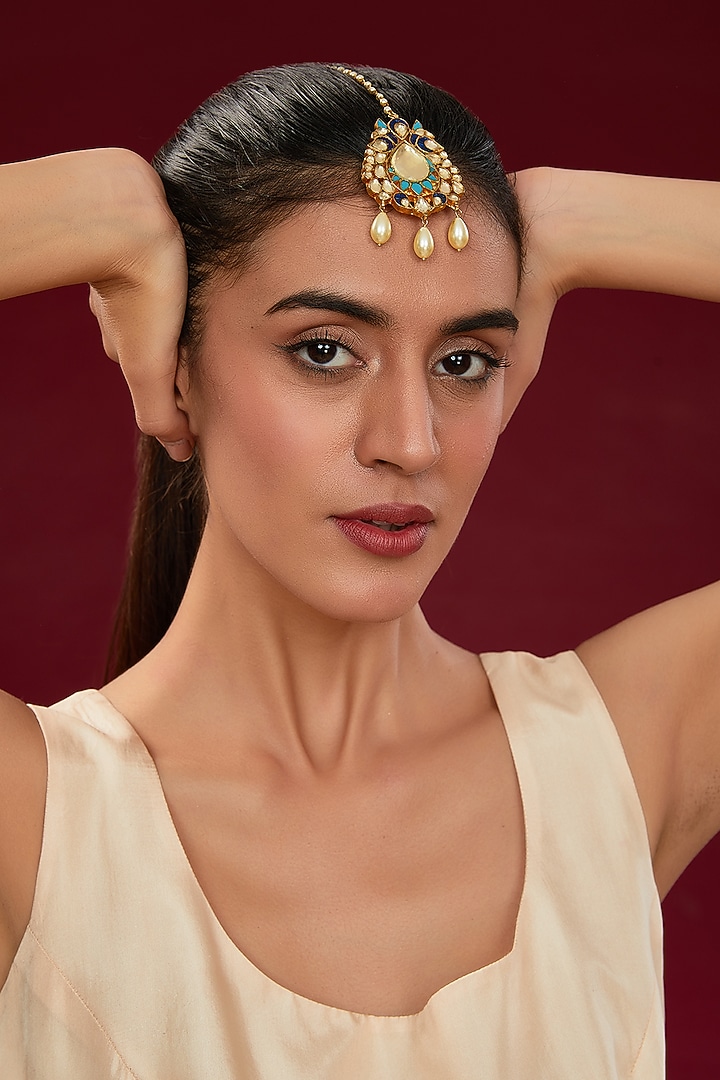 Gold Finish Kundan Polki & Pearl Maangtikka by Kreart at Pernia's Pop Up Shop