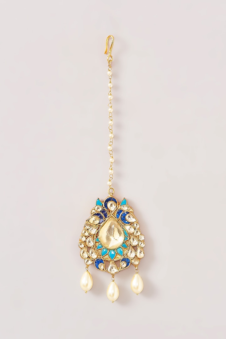 Gold Finish Kundan Polki & Pearl Maangtikka by Kreart at Pernia's Pop Up Shop