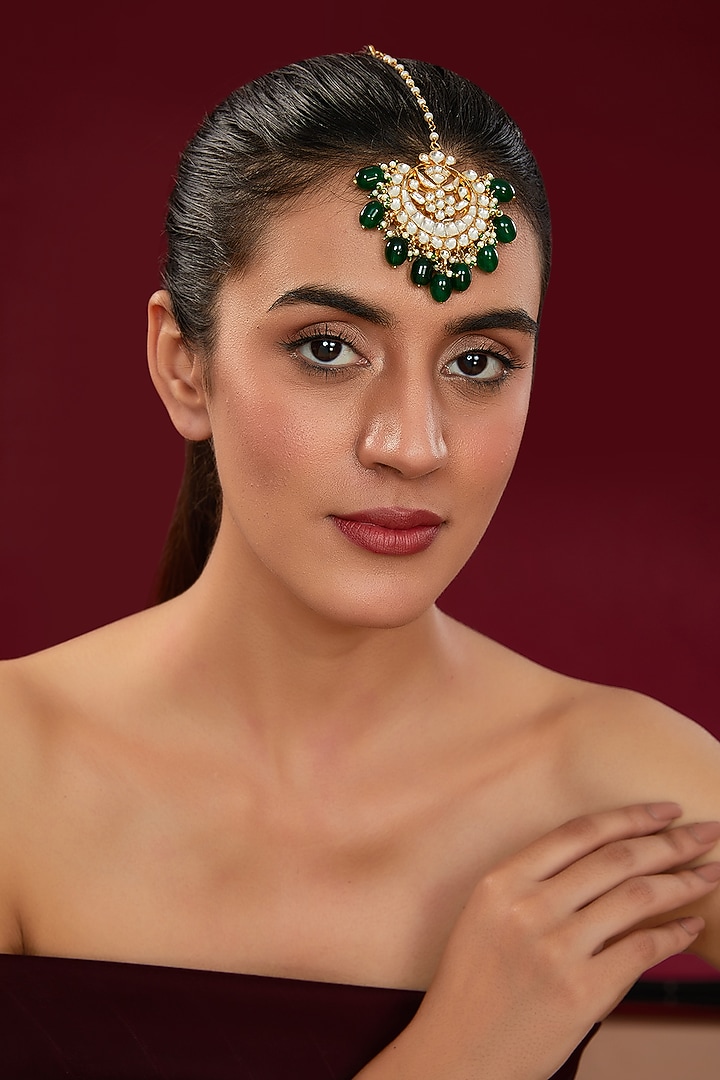 Gold Finish Kundan Polki & Green Beaded Maangtikka by Kreart at Pernia's Pop Up Shop