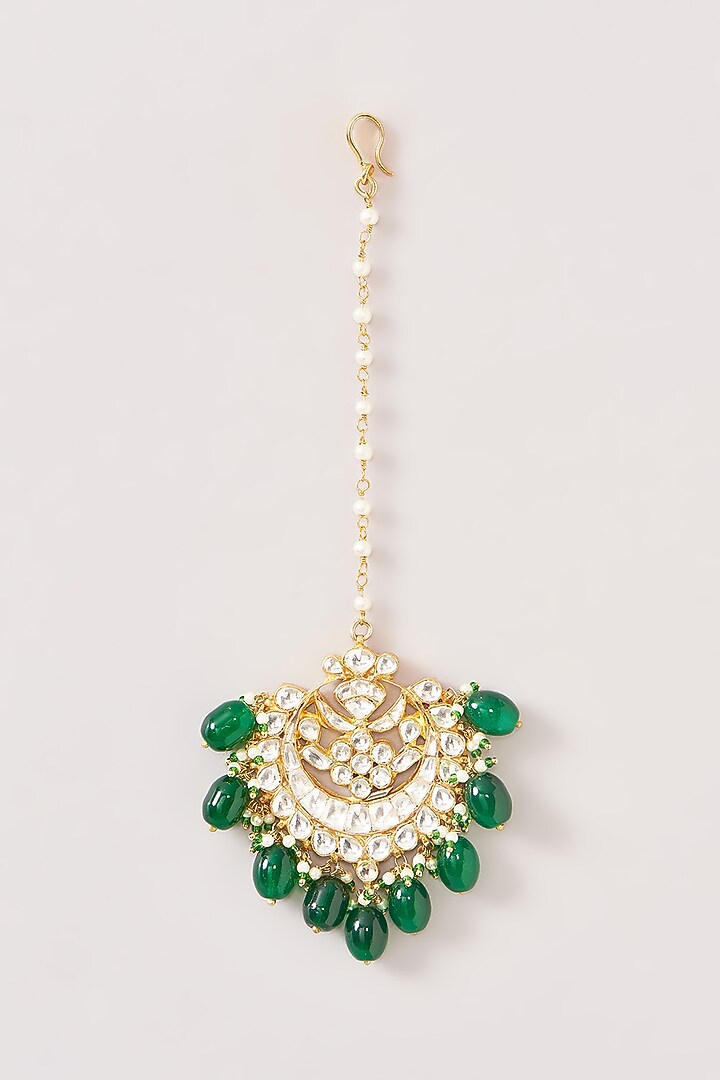Gold Finish Kundan Polki & Green Beaded Maangtikka by Kreart at Pernia's Pop Up Shop