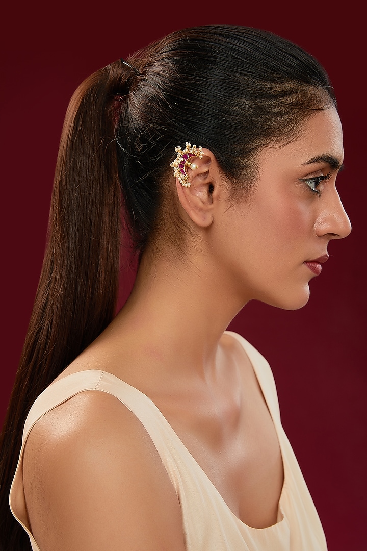 Gold Finish Kundan Polki & Pearl Beaded Stud Earrings by Kreart at Pernia's Pop Up Shop