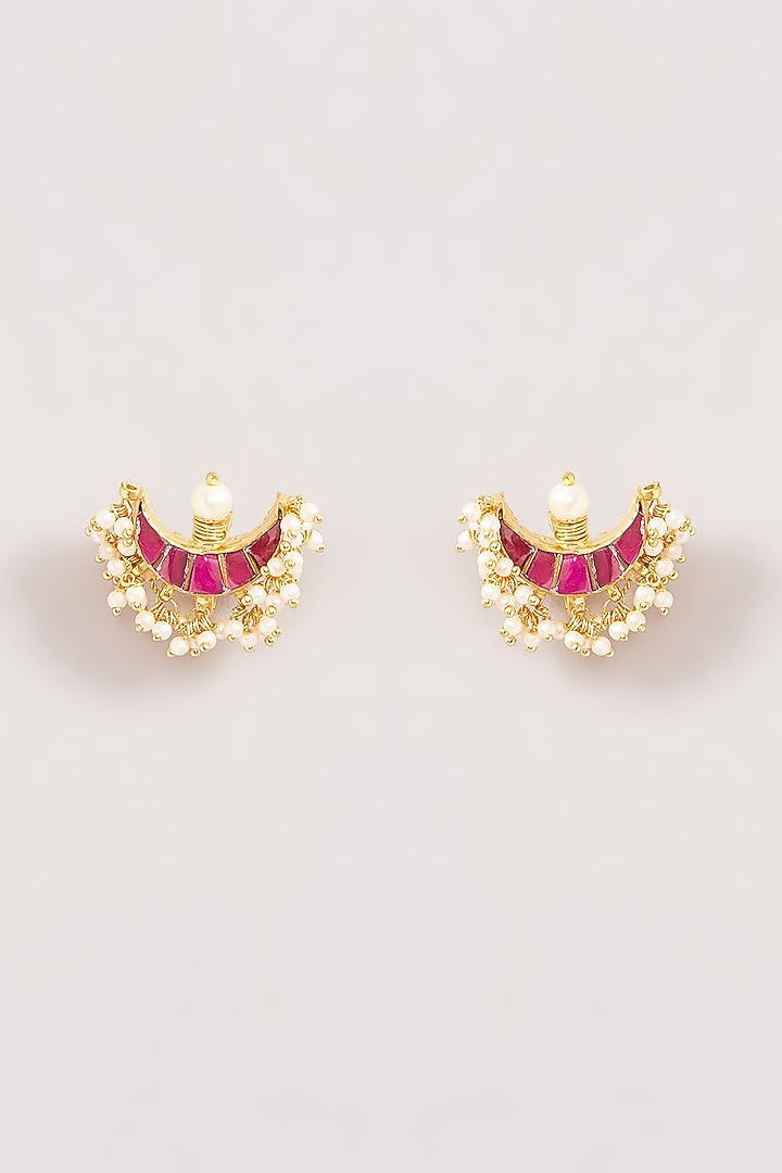 Gold Finish Kundan Polki & Pearl Beaded Stud Earrings by Kreart at Pernia's Pop Up Shop