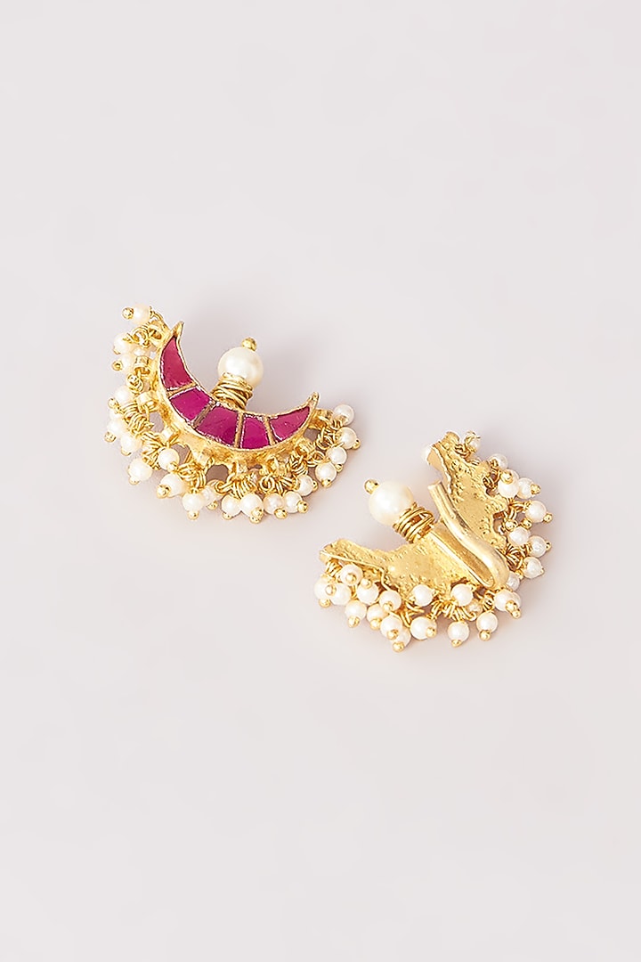 Gold Finish Kundan Polki & Pearl Beaded Stud Earrings by Kreart at Pernia's Pop Up Shop